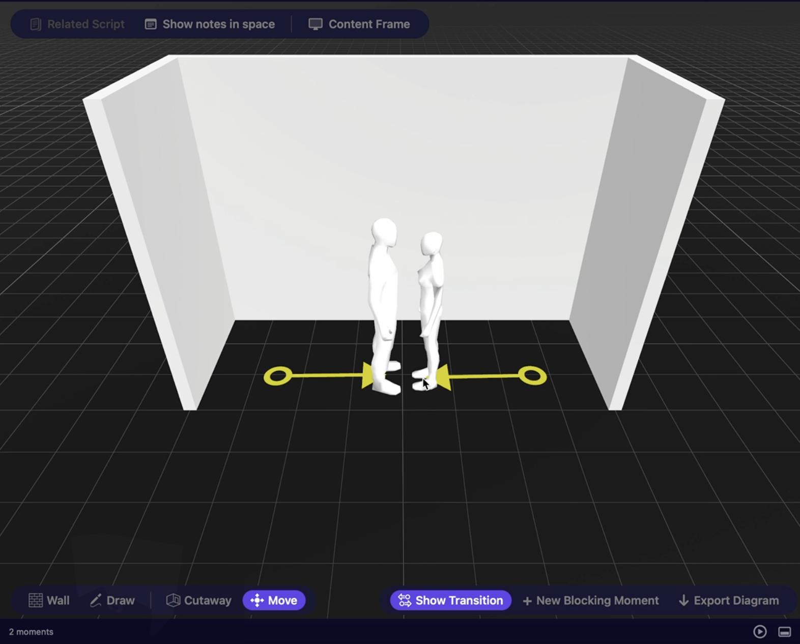 Vivarium blocking view with actors, arrows, and moment controls