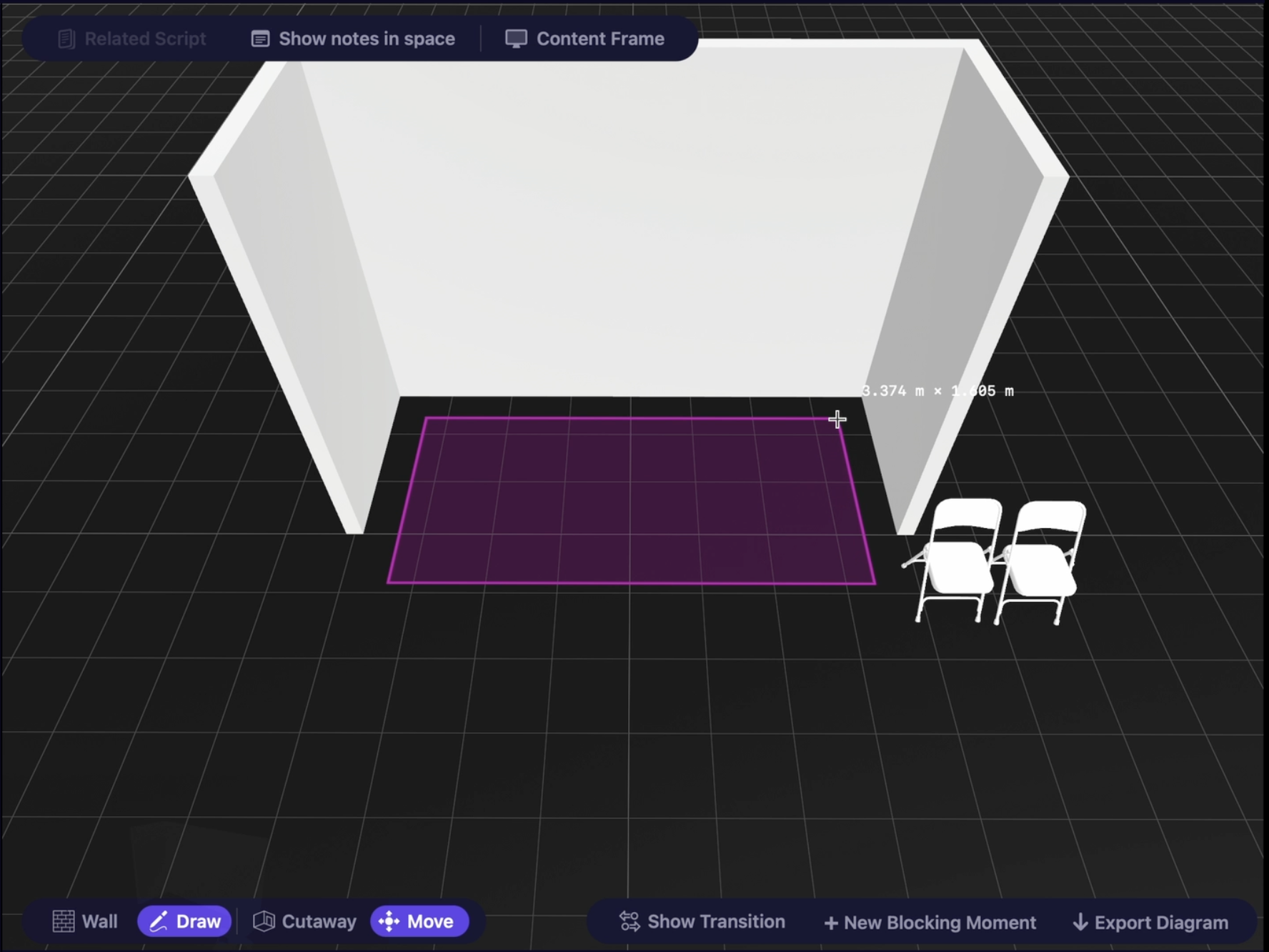 Vivarium platform being drawn in front of a stage wall