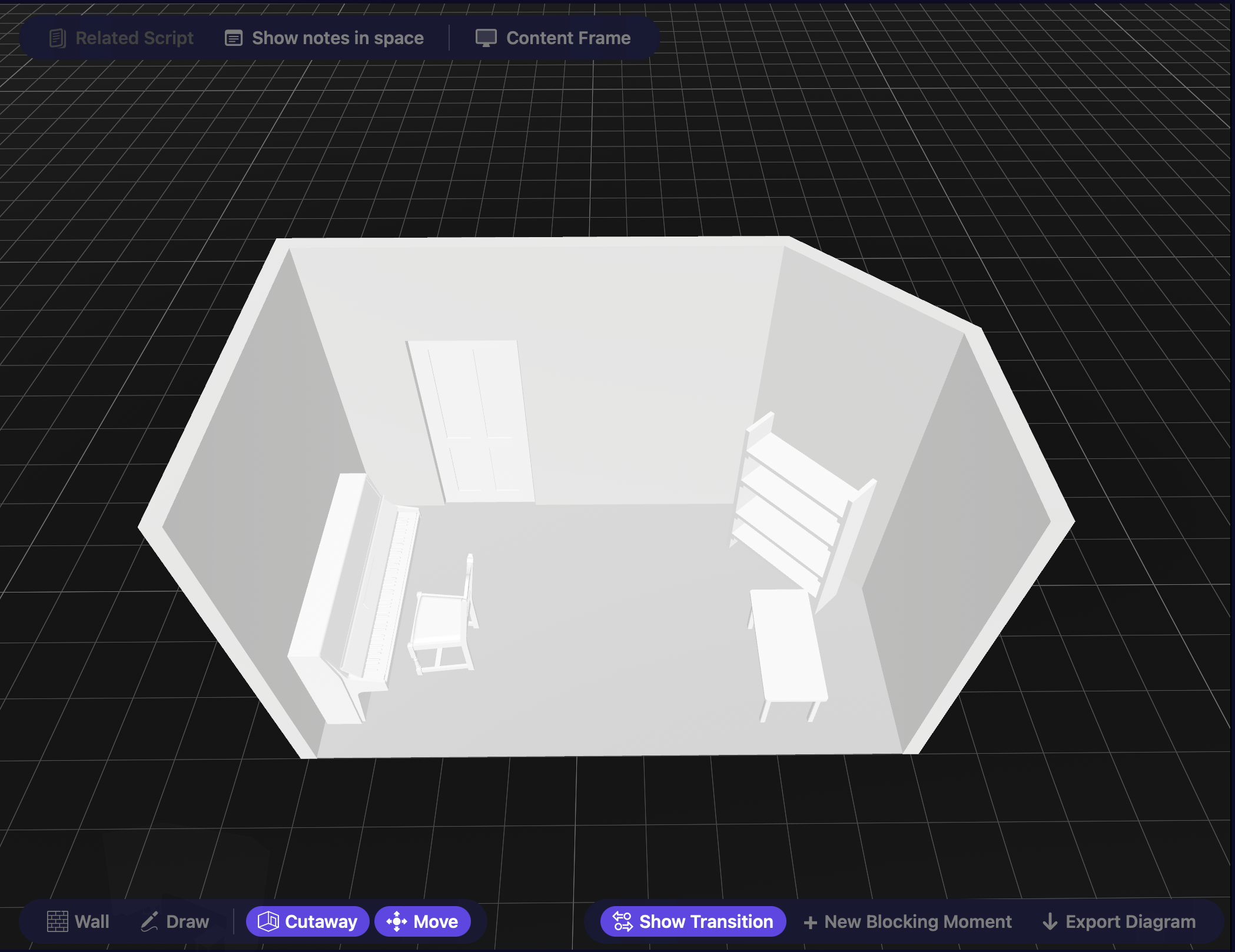 Vivarium stage set visualized from above with furniture and walls