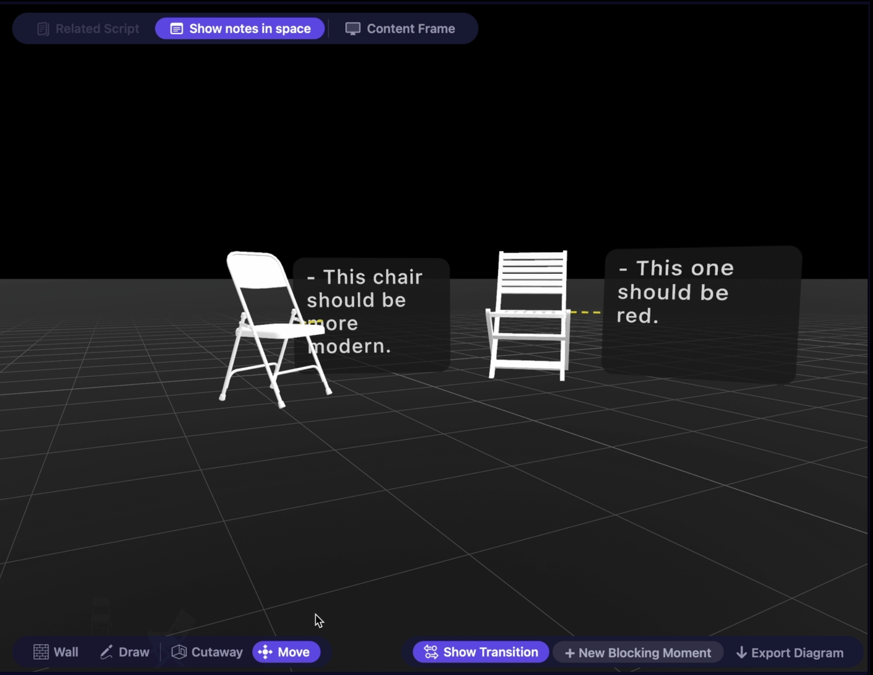 Vivarium notes attached directly to objects in a 3D stage