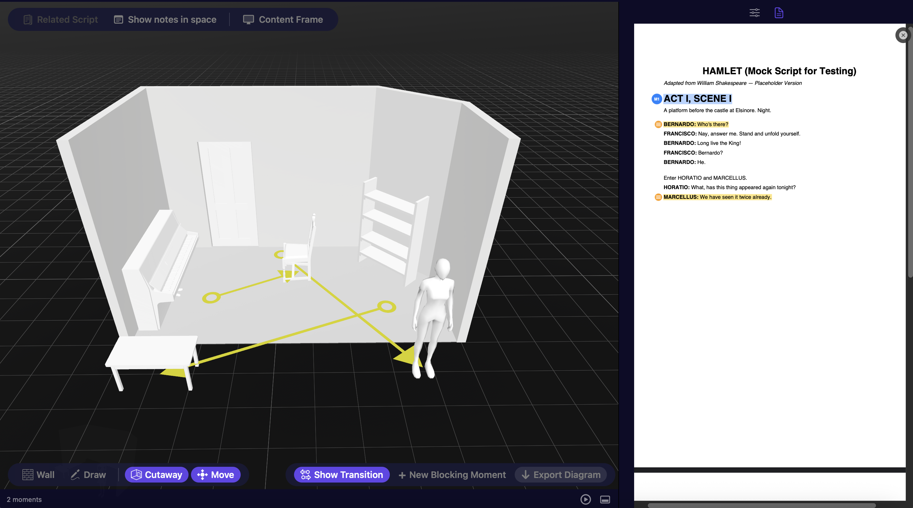 Vivarium showing a stage model side by side with a script